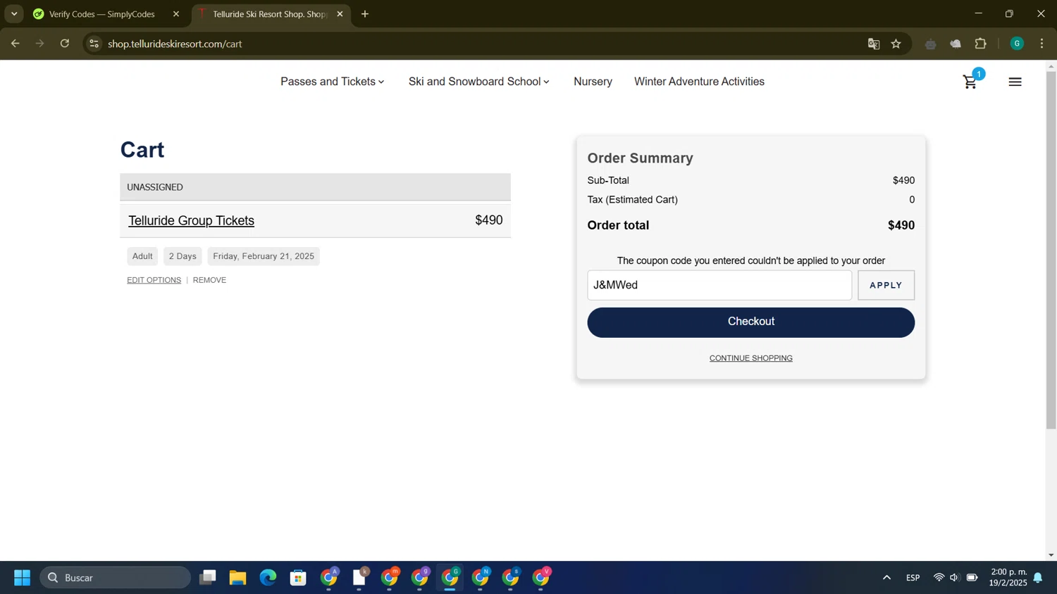 Telluride Ski Resort discount code screenshot showing code J&MWed applied at Telluride Ski Resort checkout page. Uploaded by SimplyCodes community member CrownMonarch8837 on Feb 19, 2025
