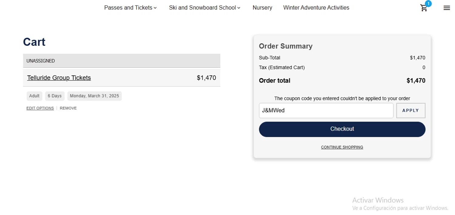 Telluride Ski Resort discount code screenshot showing code J&MWed applied at Telluride Ski Resort checkout page. Uploaded by SimplyCodes community member joandgray9 on Mar 18, 2025
