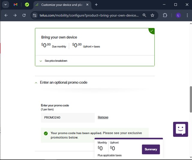 TELUS checkout page showing TELUS promo code box | Screenshot taken by SimplyCodes community member on Mar 16, 2025