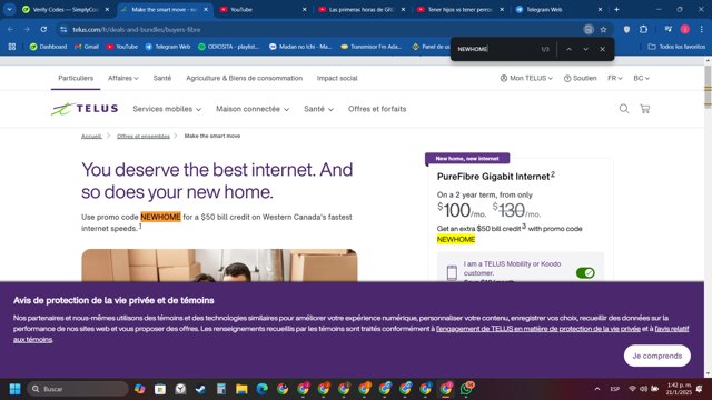 TELUS checkout page showing TELUS promo code box | Screenshot taken by SimplyCodes community member on Jan 21, 2025