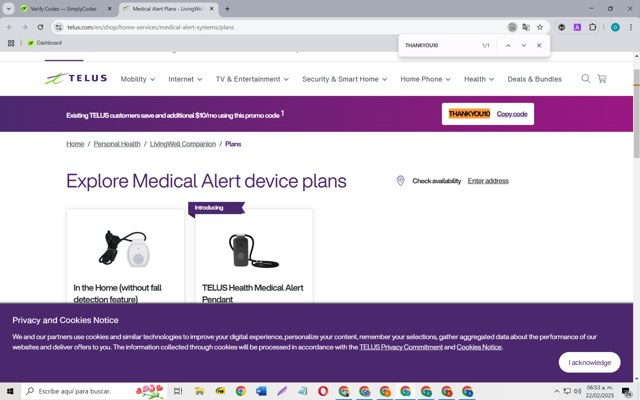 TELUS checkout page showing TELUS promo code box | Screenshot taken by SimplyCodes community member on Feb 22, 2025