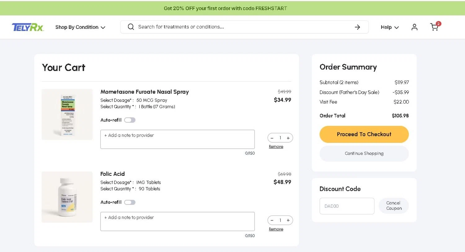 TelyRx promo code screenshot showing code DAD30 applied at TelyRx checkout page. Uploaded by SimplyCodes community member LAMINEJAMAL on Jun 20, 2026