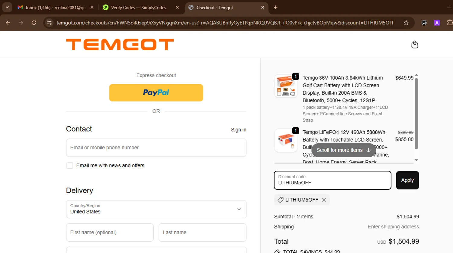 Temgot promo code screenshot showing code LITHIUM5OFF applied at Temgot checkout page. Uploaded by SimplyCodes community member SnoopDogg on Nov 28, 2025