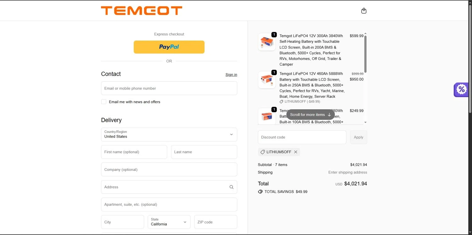 Temgot promo code screenshot showing code LITHIUM5OFF applied at Temgot checkout page. Uploaded by SimplyCodes community member Depressive on Oct 31, 2025