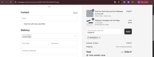 Tempaper checkout page showing Tempaper discount code box | Screenshot taken by SimplyCodes community member on Aug 15, 2025