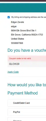 GLOW20 coupon verification screenshot