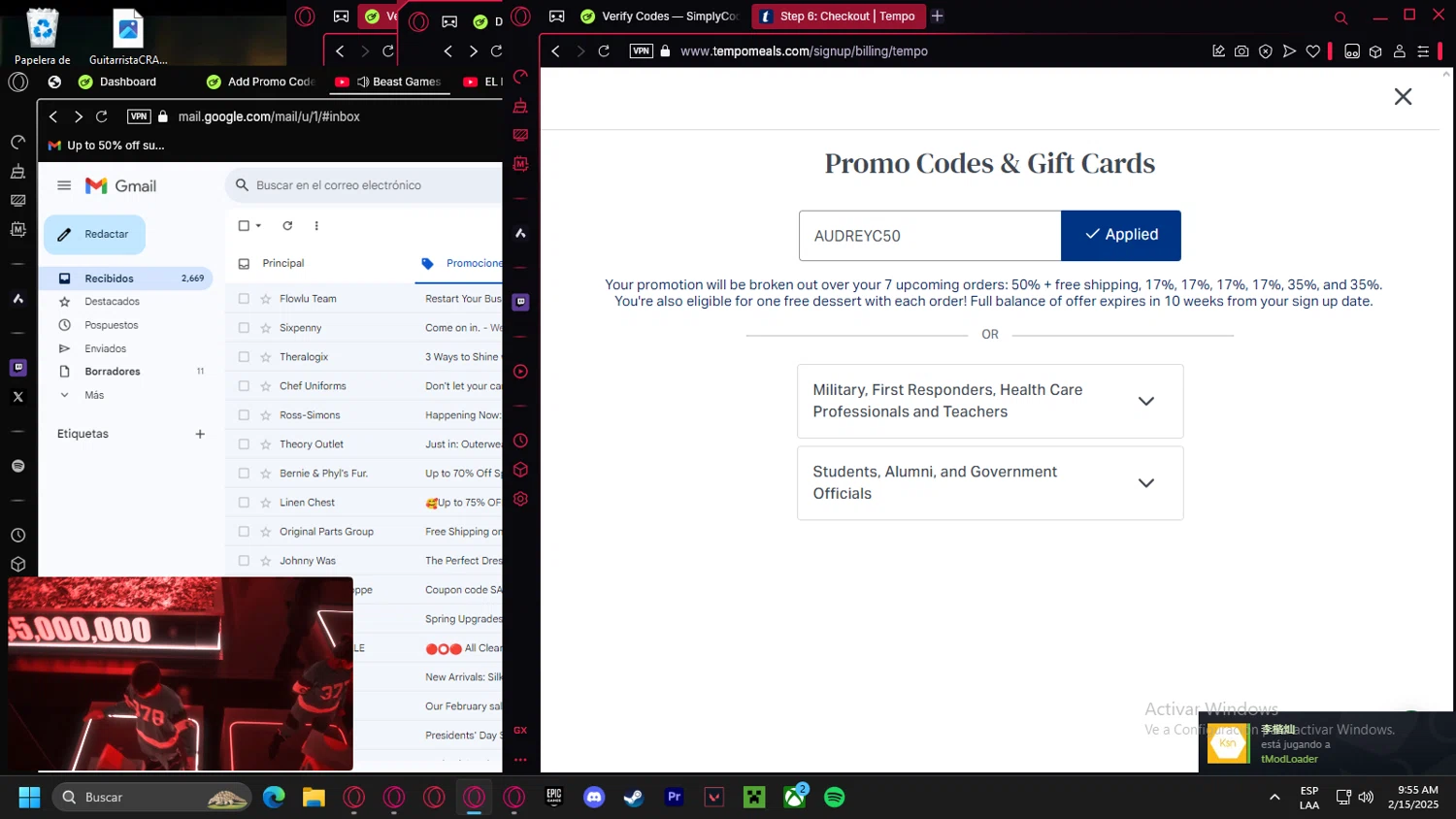 Tempo Meals promo code screenshot showing code AUDREYC50 applied at Tempo Meals checkout page. Uploaded by SimplyCodes community member Halanweik on Feb 15, 2025