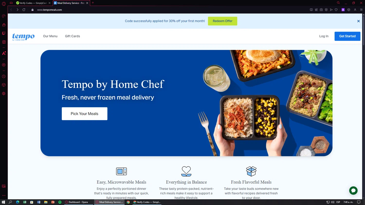 Tempo Meals promo code screenshot showing code TEMPOGA50N applied at Tempo Meals checkout page. Uploaded by SimplyCodes community member D_9278 on Dec 27, 2024