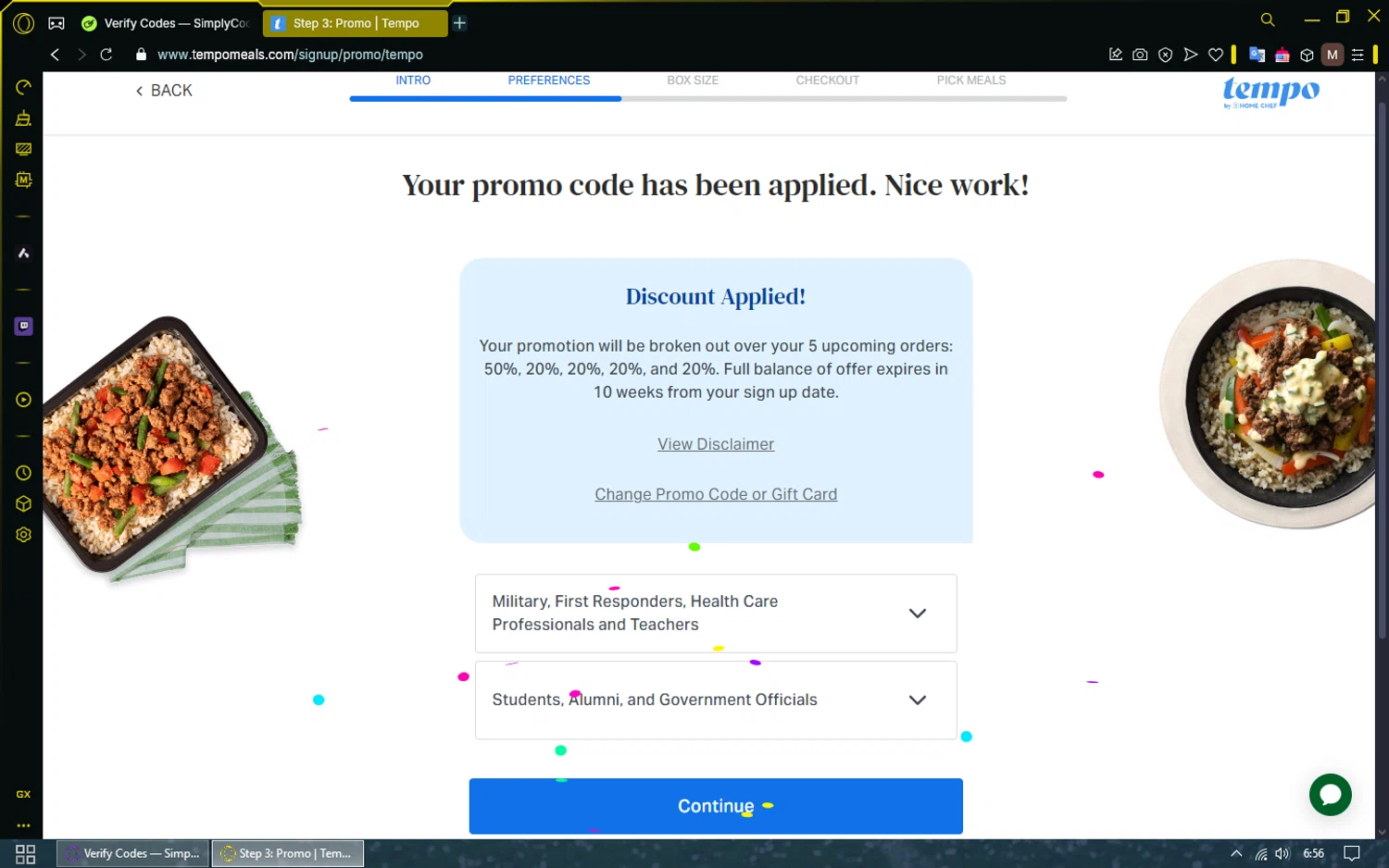 Tempo Meals promo code screenshot showing code TEMPOGA50N applied at Tempo Meals checkout page. Uploaded by SimplyCodes community member SavingsShopper829 on Jan 25, 2025