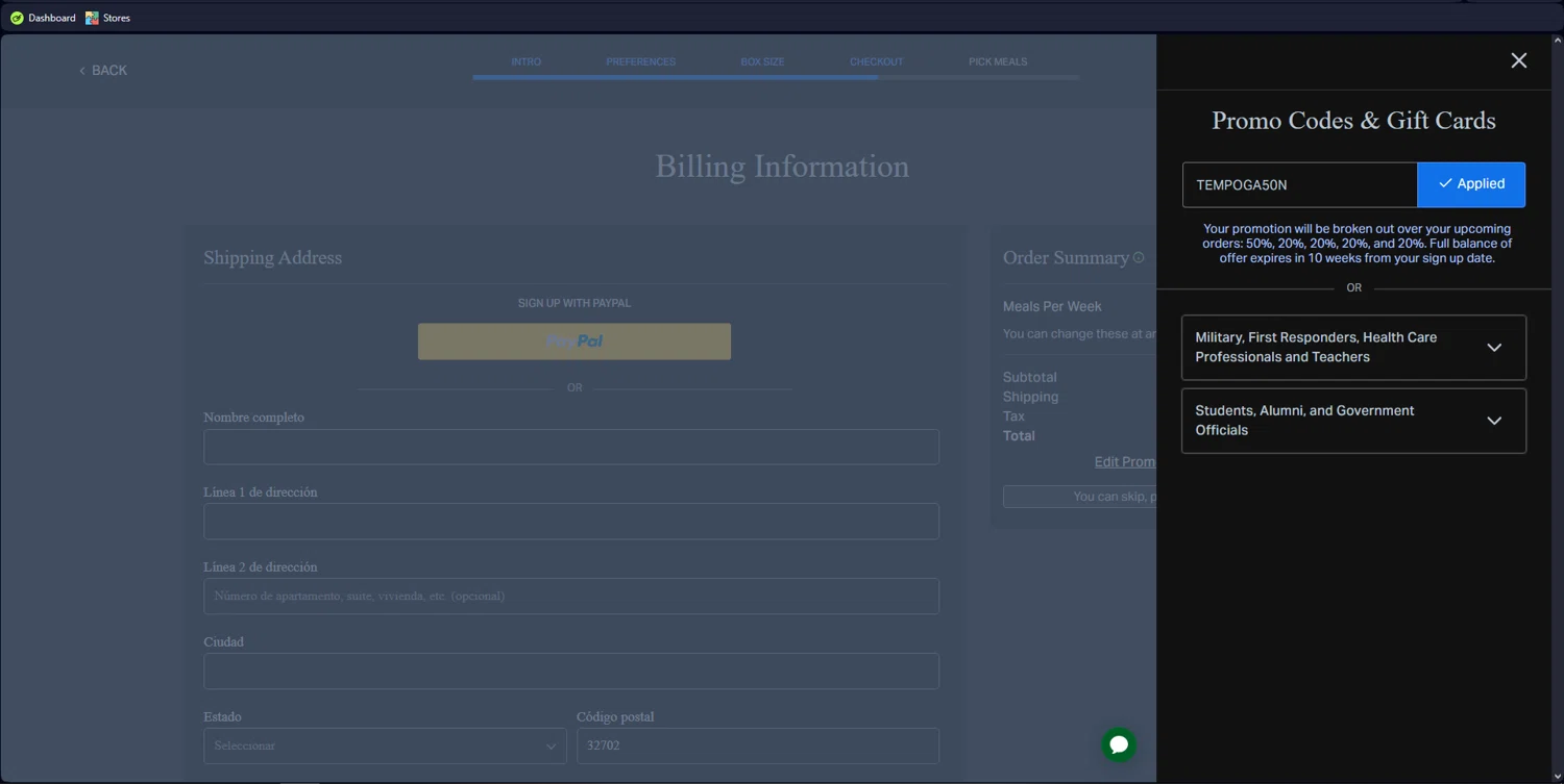 Tempo Meals promo code screenshot showing code TEMPOGA50N applied at Tempo Meals checkout page. Uploaded by SimplyCodes community member hola_bebe on Dec 27, 2024
