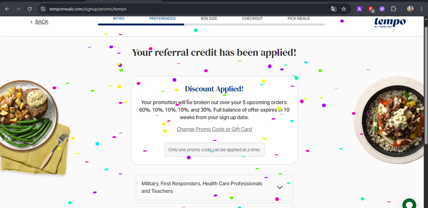 Tempo Meals checkout page showing Tempo Meals promo code box | Screenshot taken by SimplyCodes community member on Nov 20, 2025