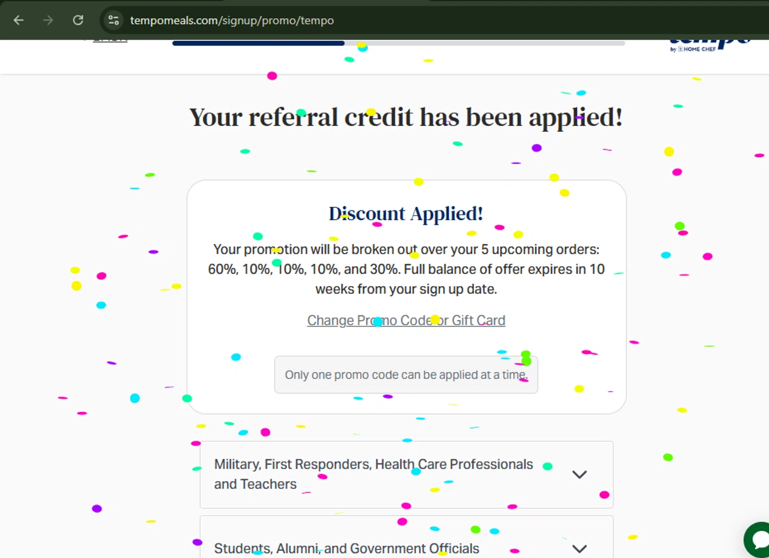Tempo Meals checkout page showing Tempo Meals promo code box | Screenshot taken by SimplyCodes community member on Oct 22, 2025
