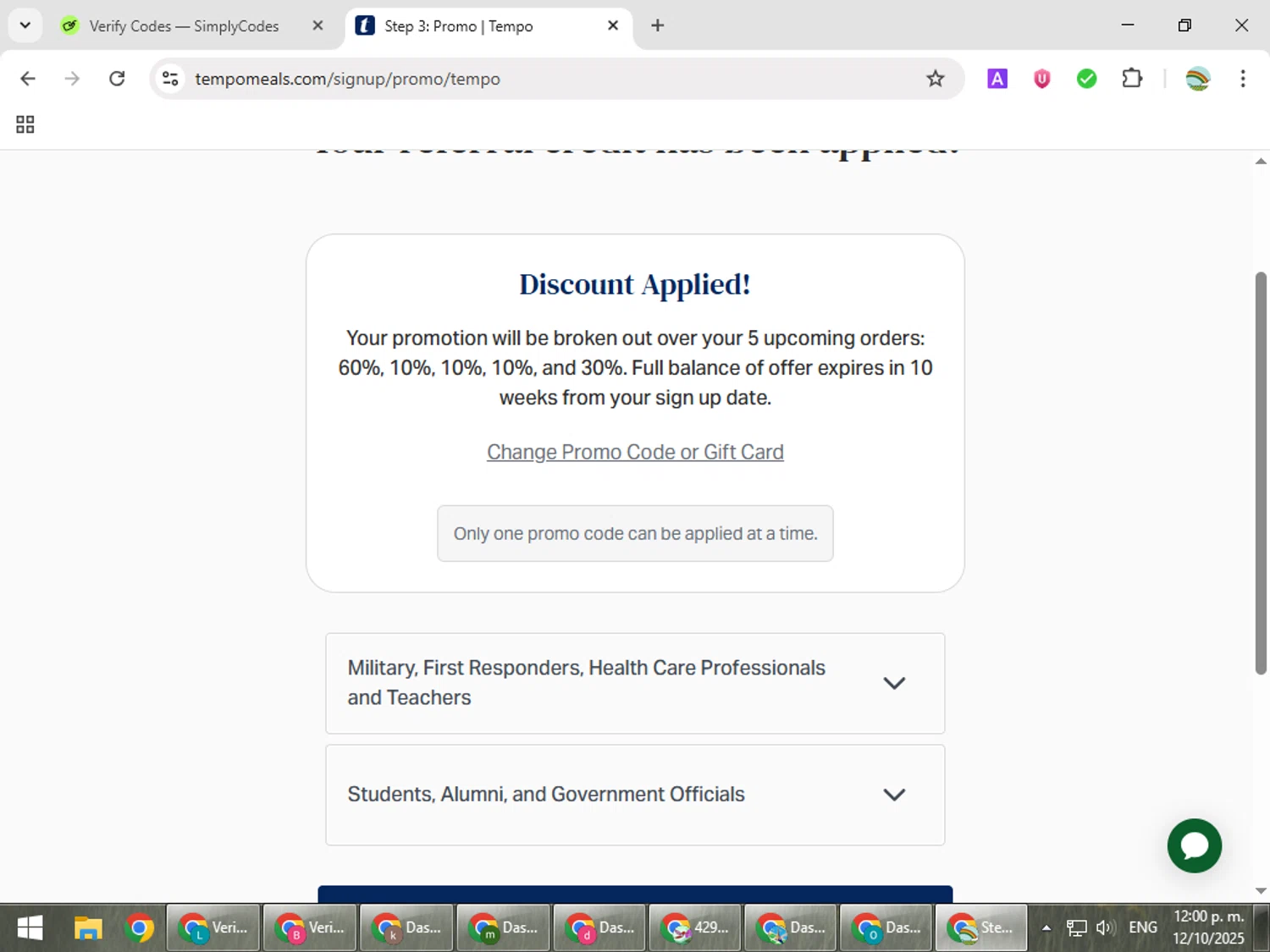 Tempo Meals promo code screenshot showing code morgana364 applied at Tempo Meals checkout page. Uploaded by SimplyCodes community member CoinMaven5220 on Oct 12, 2025