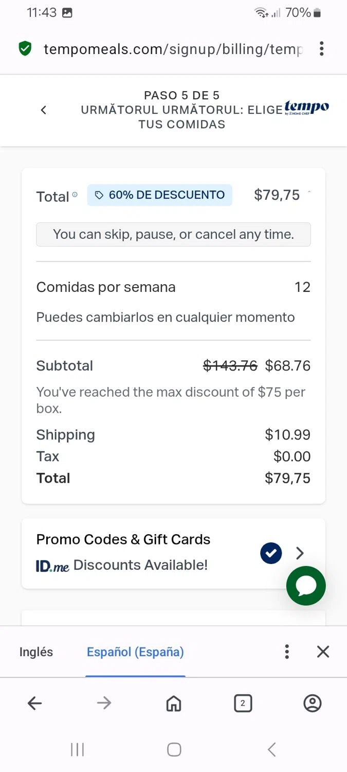 Tempo Meals promo code screenshot showing code morgana364 applied at Tempo Meals checkout page. Uploaded by SimplyCodes community member MoneyMaven5115 on Oct 12, 2025