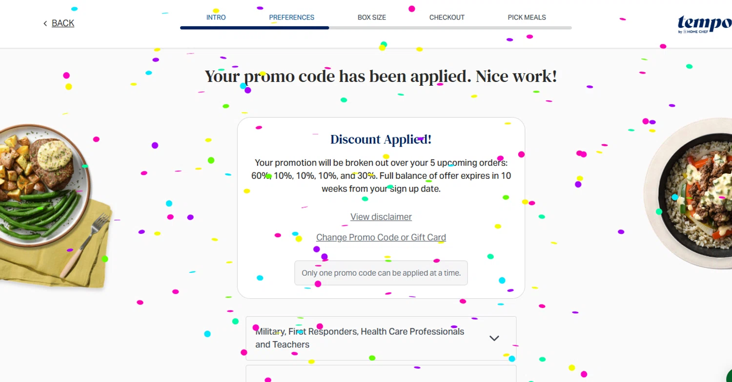 Tempo Meals checkout page showing Tempo Meals promo code box | Screenshot taken by SimplyCodes community member on Dec 29, 2025