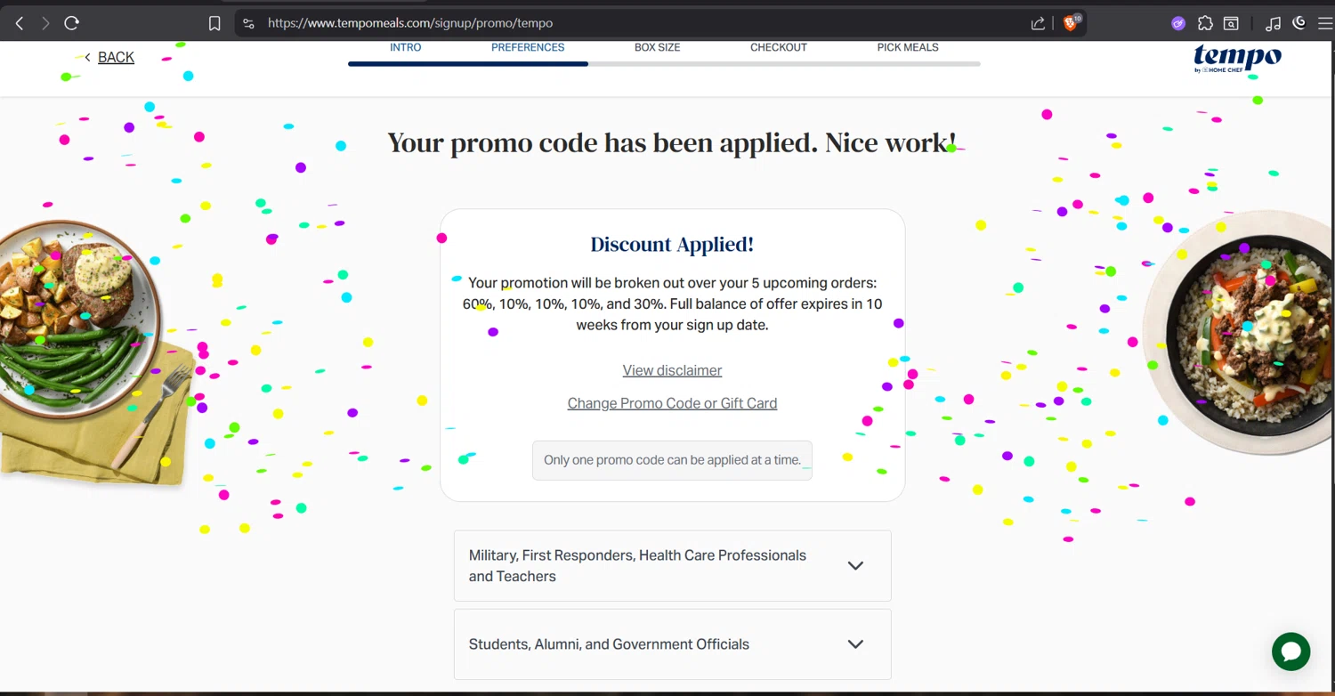 Tempo Meals checkout page showing Tempo Meals promo code box | Screenshot taken by SimplyCodes community member on Oct 31, 2025
