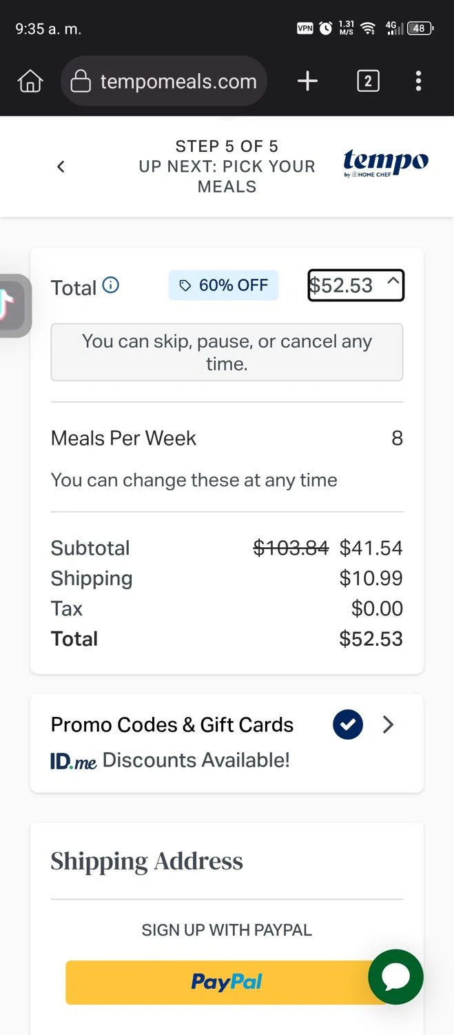 Tempo Meals checkout page showing Tempo Meals promo code box | Screenshot taken by SimplyCodes community member on Dec 13, 2025