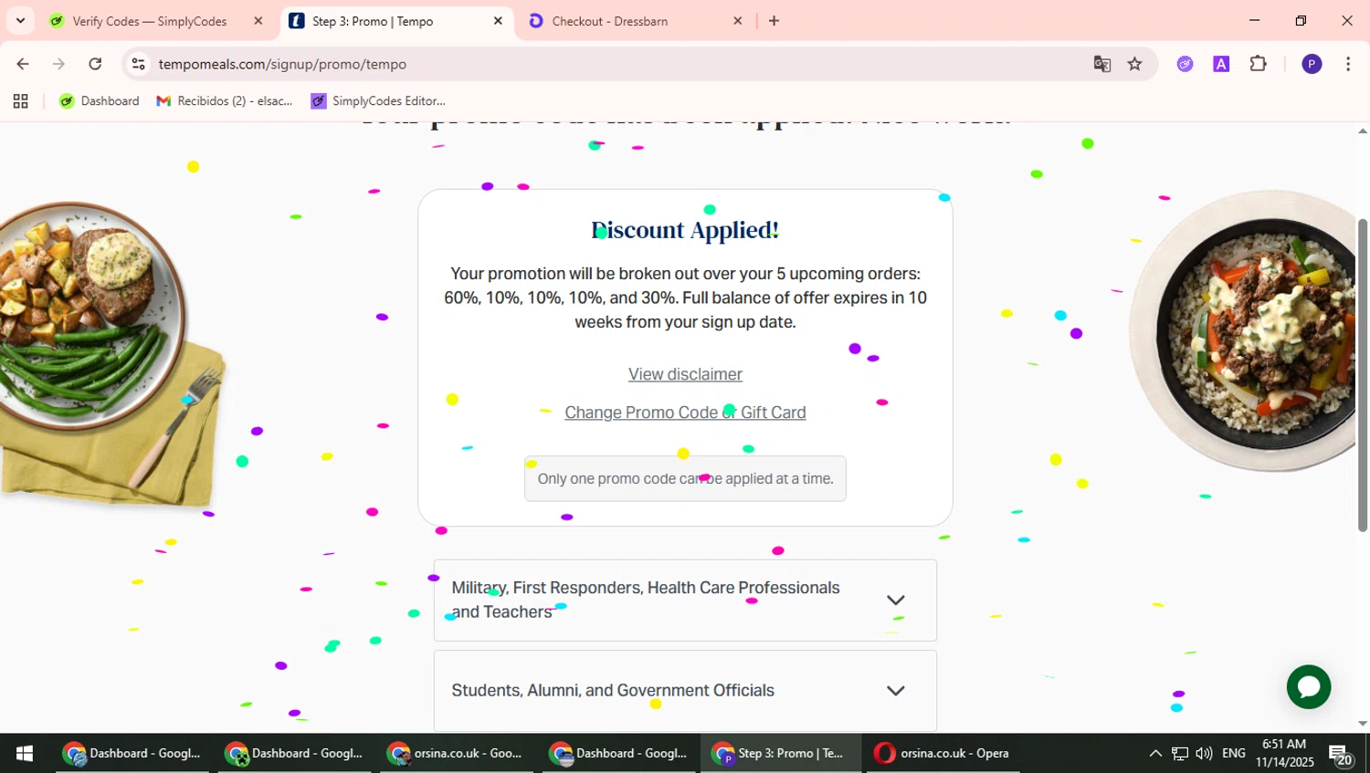 Tempo Meals checkout page showing Tempo Meals promo code box | Screenshot taken by SimplyCodes community member on Nov 14, 2025
