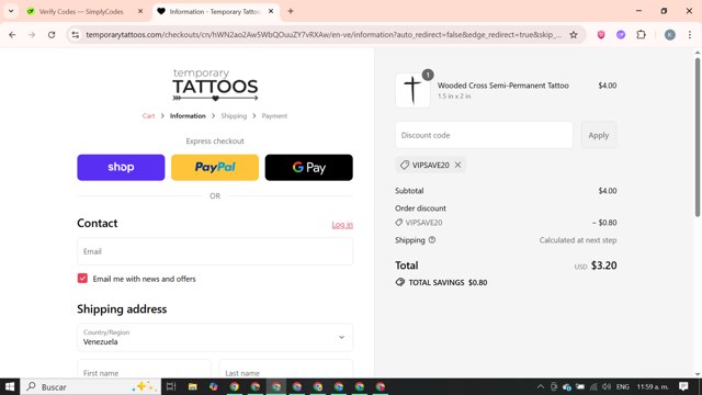 Temporary Tattoos checkout page showing Temporary Tattoos promo code box | Screenshot taken by SimplyCodes community member on Sep 4, 2025
