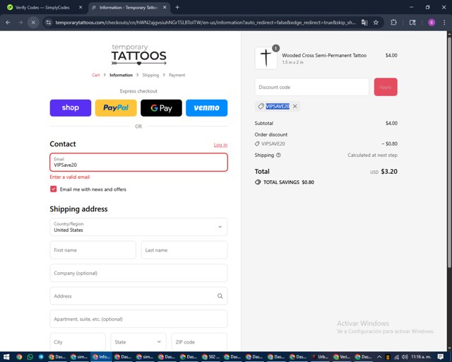 Temporary Tattoos checkout page showing Temporary Tattoos promo code box | Screenshot taken by SimplyCodes community member on Sep 4, 2025