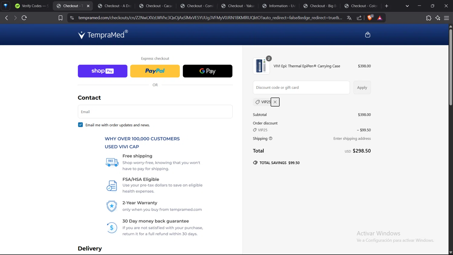 TempraMed discount code screenshot showing code VIP25 applied at TempraMed checkout page. Uploaded by SimplyCodes community member VoucherShopper4674 on Apr 17, 2025