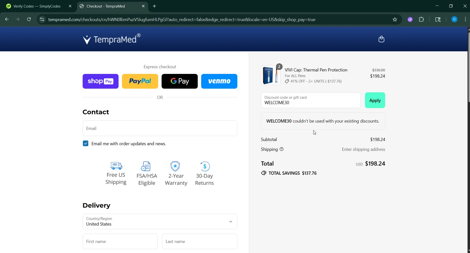 TempraMed discount code screenshot showing code WELCOME30 applied at TempraMed checkout page. Uploaded by SimplyCodes community member GoldChaser6627 on Jul 18, 2025