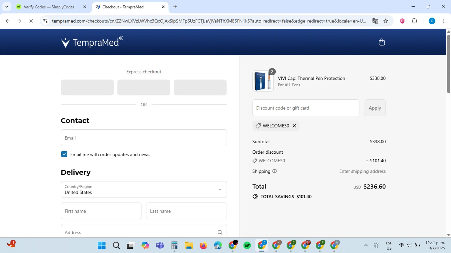 TempraMed discount code screenshot showing code WELCOME30 applied at TempraMed checkout page. Uploaded by SimplyCodes community member ScanAce2966 on Jul 9, 2025