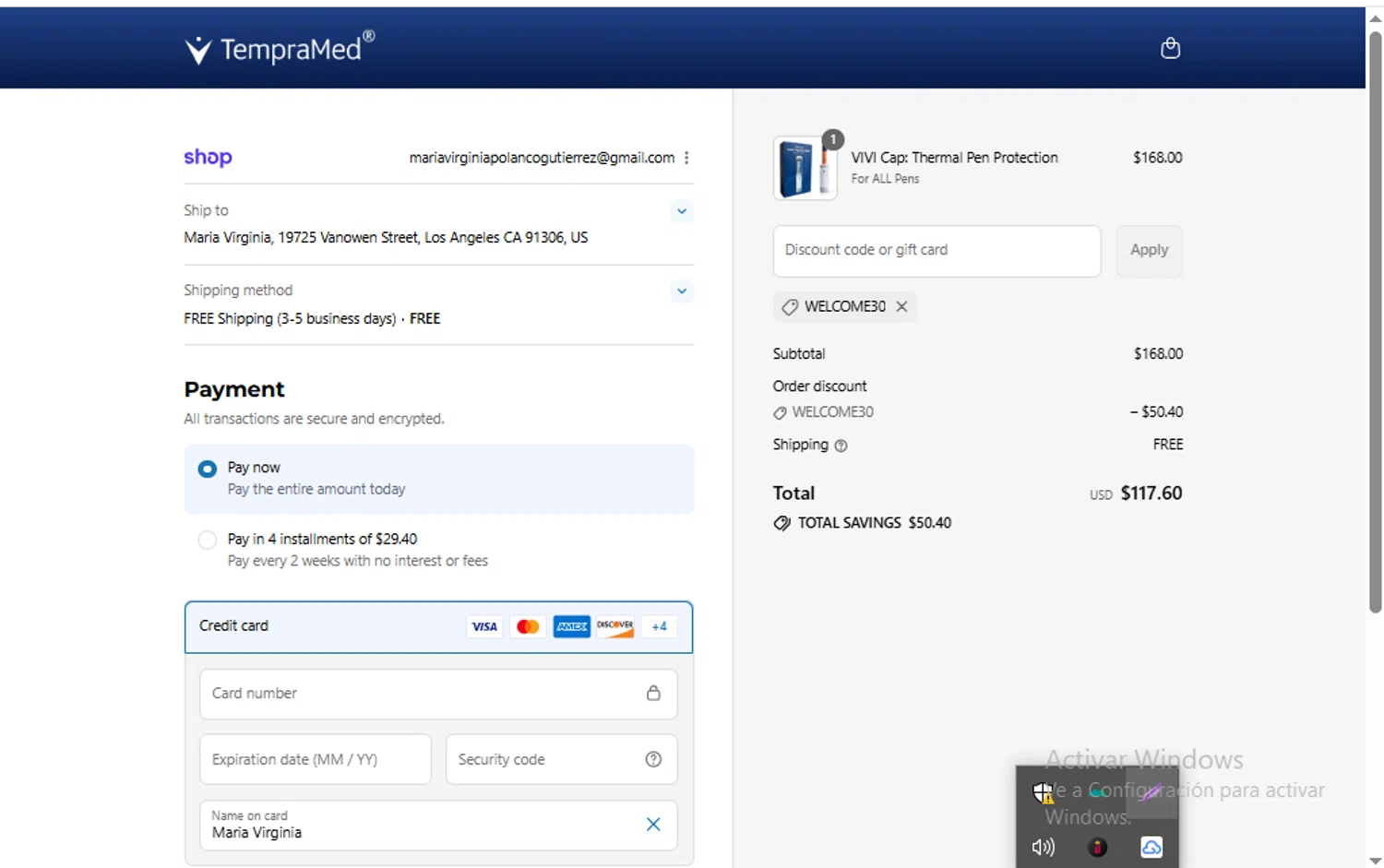 TempraMed discount code screenshot showing code WELCOME30 applied at TempraMed checkout page. Uploaded by SimplyCodes community member mariapolancog on Aug 12, 2025