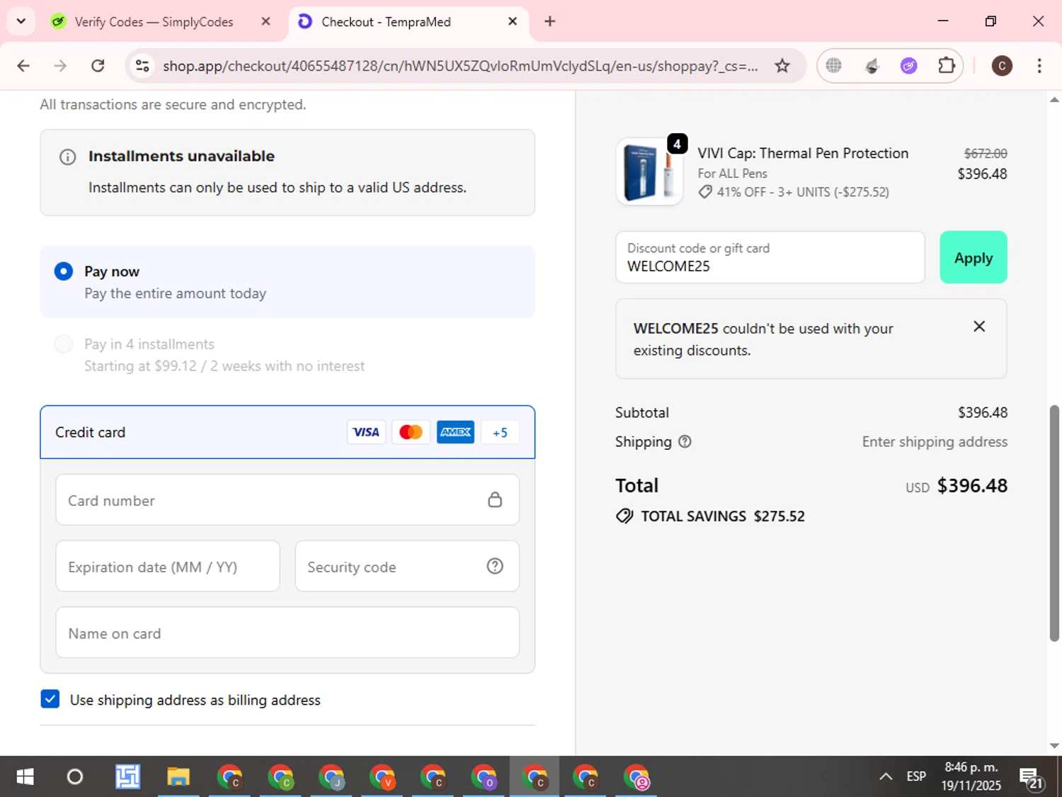 TempraMed discount code screenshot showing code WELCOME25 applied at TempraMed checkout page. Uploaded by SimplyCodes community member WonderCurator7831 on Nov 20, 2025