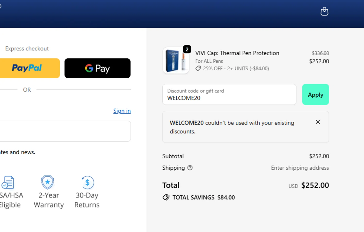 TempraMed discount code screenshot showing code WELCOME20 applied at TempraMed checkout page. Uploaded by SimplyCodes community member yeresojperez on Dec 11, 2025