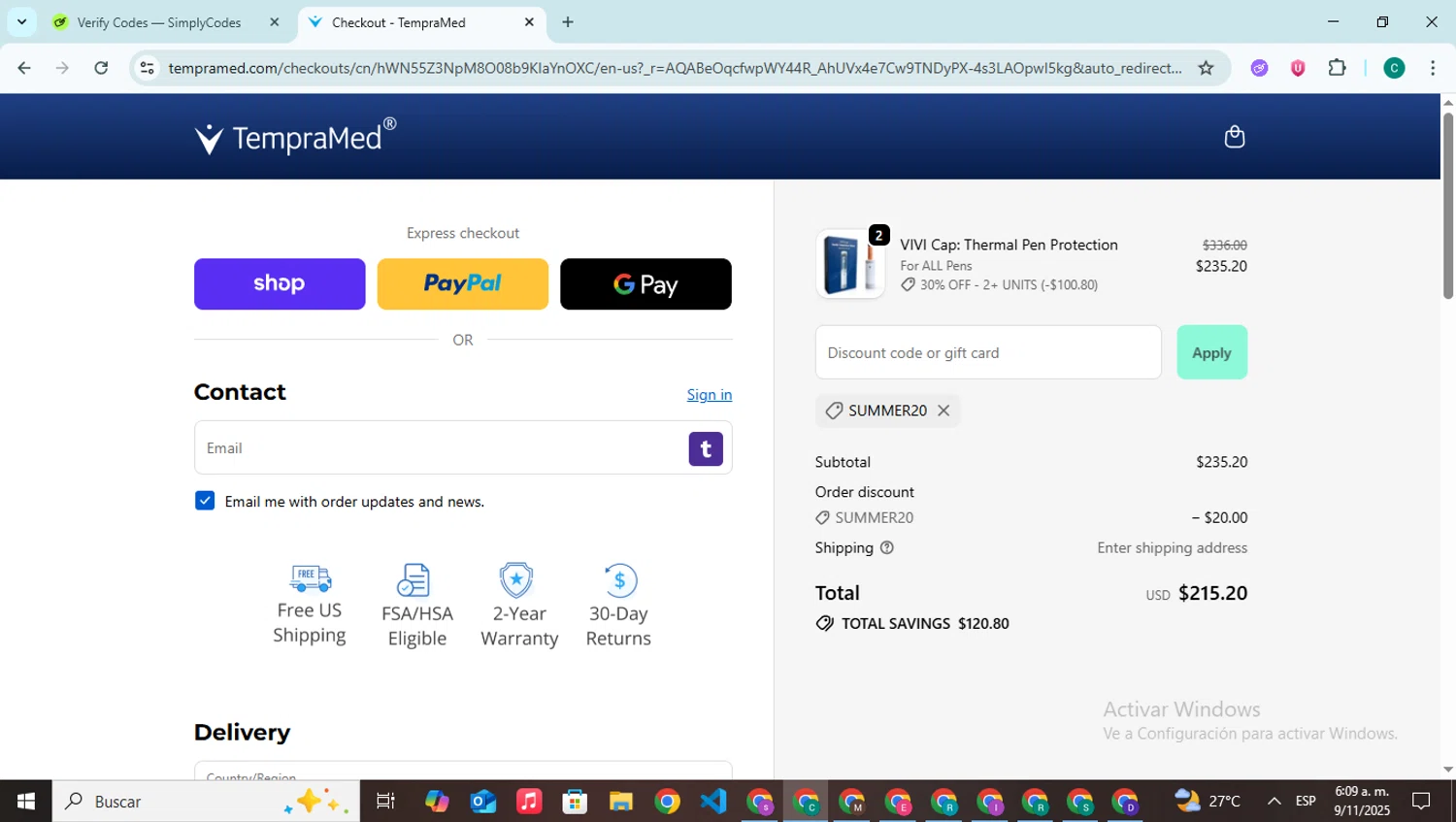 TempraMed discount code screenshot showing code SUMMER20 applied at TempraMed checkout page. Uploaded by SimplyCodes community member BonusPilot927 on Nov 9, 2025