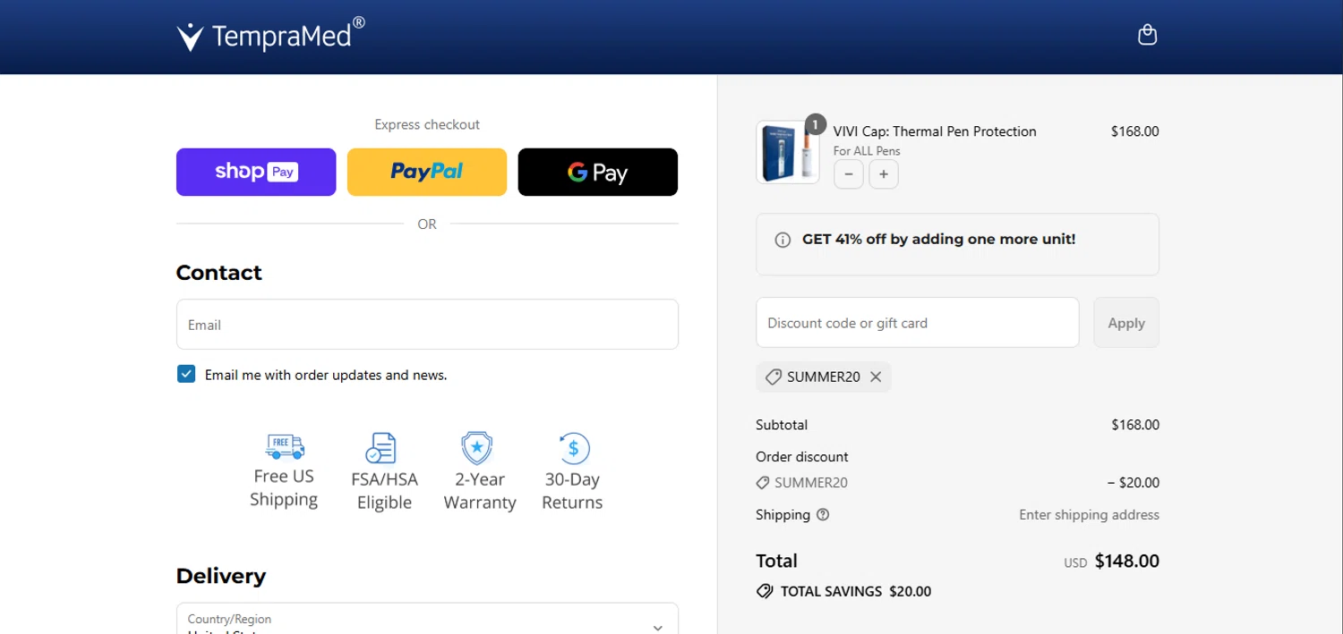 TempraMed discount code screenshot showing code SUMMER20 applied at TempraMed checkout page. Uploaded by SimplyCodes community member juanisaac on Jul 21, 2025