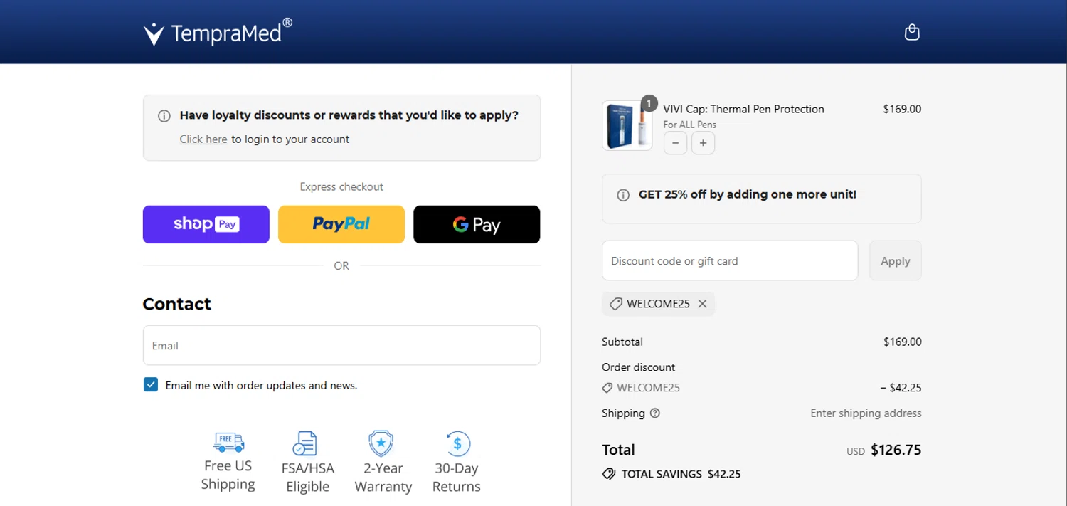 TempraMed discount code screenshot showing code WELCOME25 applied at TempraMed checkout page. Uploaded by SimplyCodes community member juanisaac on Jul 3, 2025