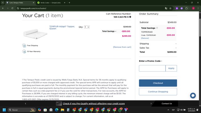 Tempur-Pedic checkout page showing Tempur-Pedic promo code box | Screenshot taken by SimplyCodes community member on Aug 25, 2025