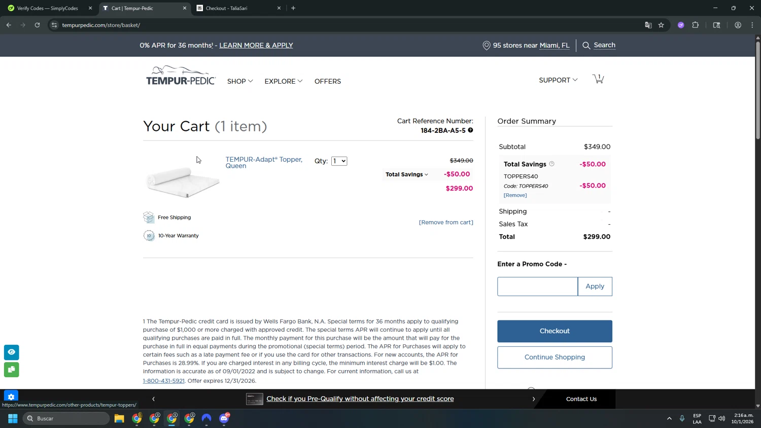 Tempur-Pedic promo code screenshot showing code TOPPERS40 applied at Tempur-Pedic checkout page. Uploaded by SimplyCodes community member asdasdasd on Jan 10, 2026