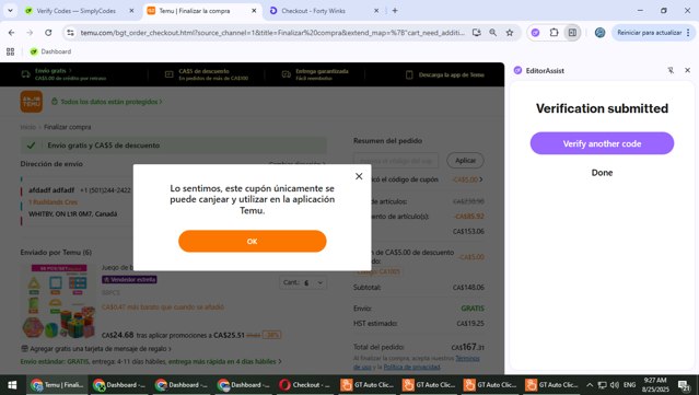 Temu checkout page showing Temu coupon code box | Screenshot taken by SimplyCodes community member on Aug 25, 2025