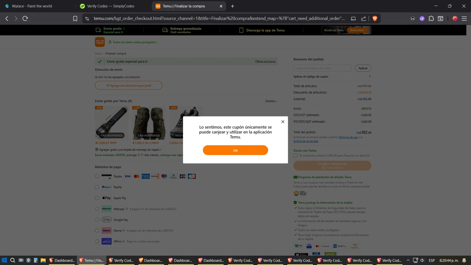 Temu coupon code screenshot showing code ALJ305213 applied at Temu checkout page. Uploaded by SimplyCodes community member verifier_983798000 on Aug 29, 2025