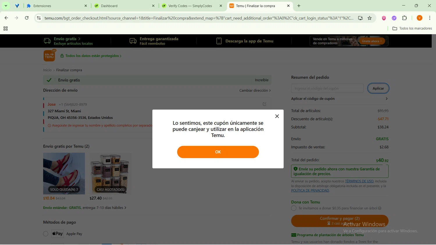Temu coupon code screenshot showing code alc132398 applied at Temu checkout page. Uploaded by SimplyCodes community member GoldFox1696 on Aug 24, 2025