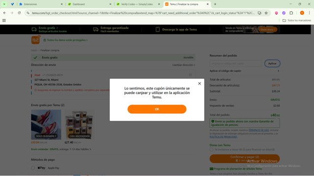 Temu checkout page showing Temu coupon code box | Screenshot taken by SimplyCodes community member on Aug 24, 2025