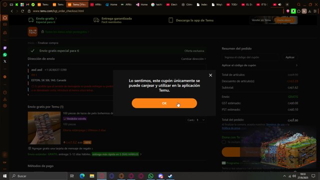 Temu checkout page showing Temu coupon code box | Screenshot taken by SimplyCodes community member on Aug 27, 2025
