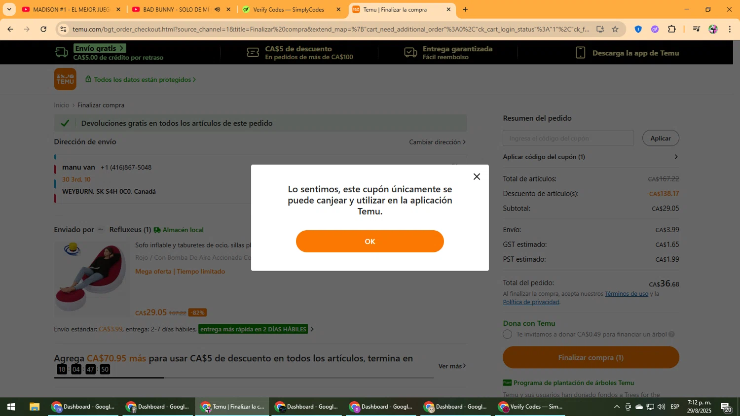 Temu promo code screenshot showing code ALH488660 applied at Temu checkout page. Uploaded by SimplyCodes community member Vanmanuel on Aug 29, 2025