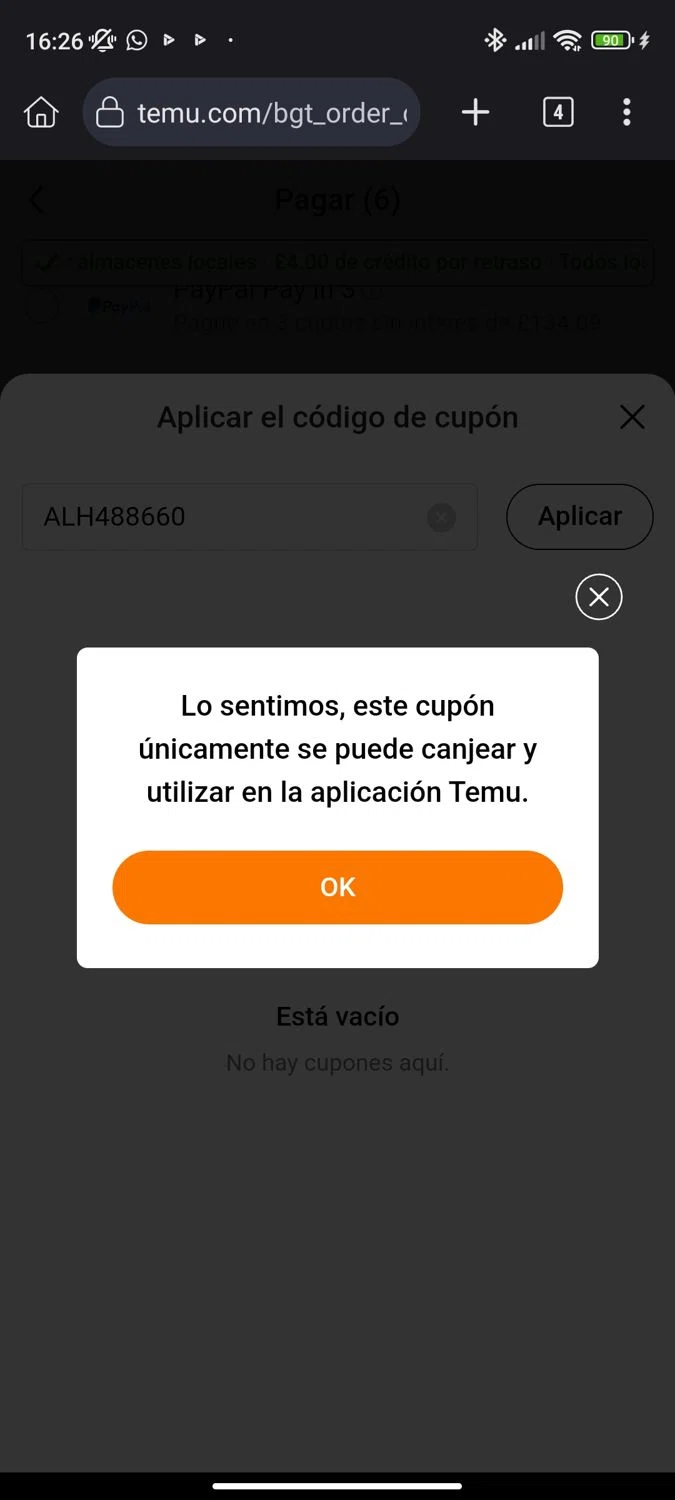 Temu coupon code screenshot showing code ALH488660 applied at Temu checkout page. Uploaded by SimplyCodes community member enriquelopez on Aug 26, 2025