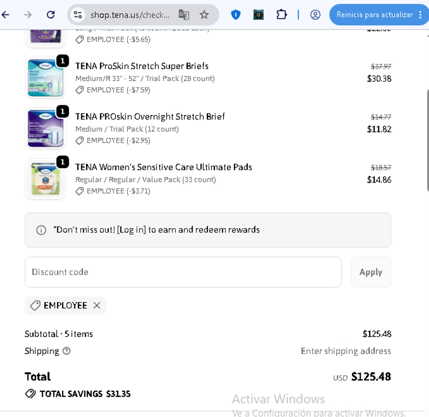 Tena promo code screenshot showing code employee applied at Tena checkout page. Uploaded by SimplyCodes community member beatrizcastillo on Jun 20, 2026