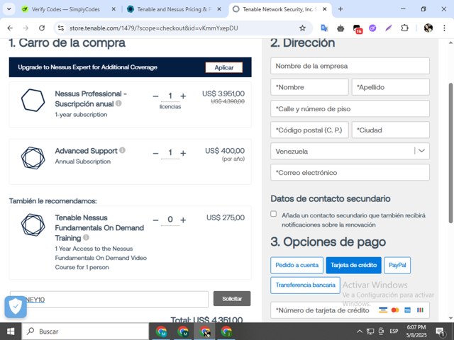 Tenable checkout page showing Tenable coupon code box | Screenshot taken by SimplyCodes community member on May 8, 2025