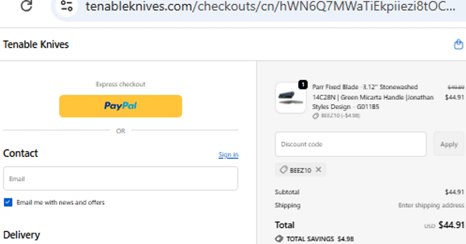 Tenable Knives discount code screenshot showing code BEEZ10 applied at Tenable Knives checkout page. Uploaded by SimplyCodes community member PennyOwl2559 on Dec 14, 2025