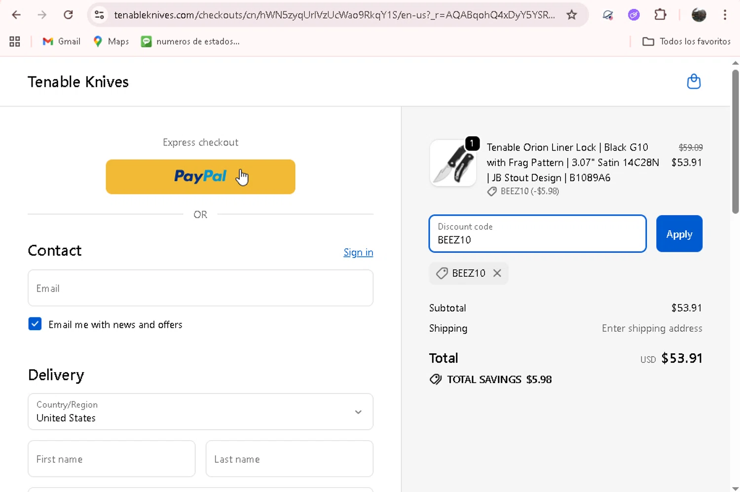 Tenable Knives discount code screenshot showing code BEEZ10 applied at Tenable Knives checkout page. Uploaded by SimplyCodes community member adrianvasquez1 on Dec 3, 2025