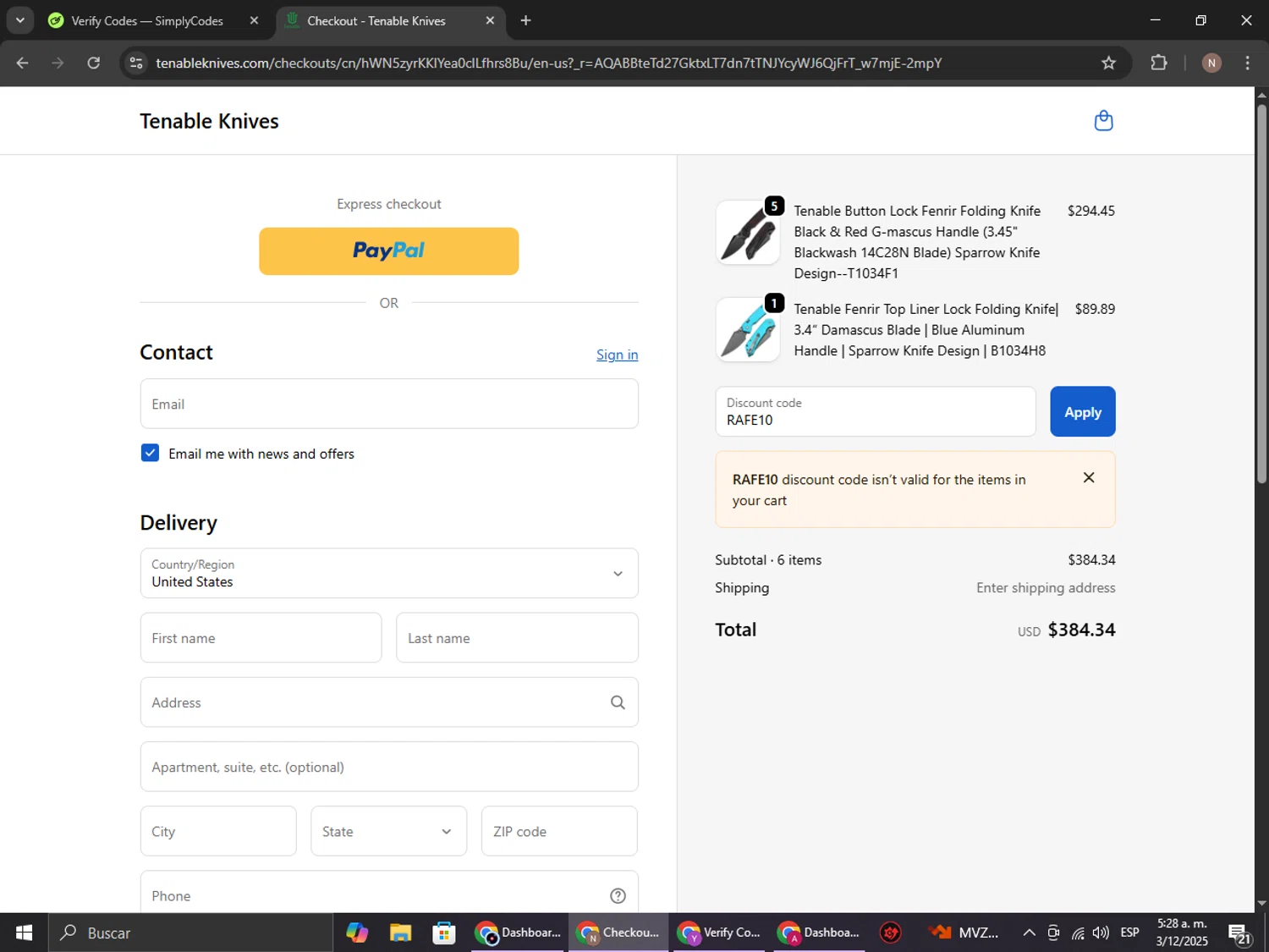 Tenable Knives discount code screenshot showing code RAFE10 applied at Tenable Knives checkout page. Uploaded by SimplyCodes community member DiscountPioneer2554 on Dec 3, 2025
