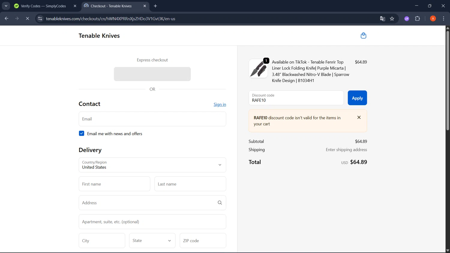 Tenable Knives discount code screenshot showing code RAFE10 applied at Tenable Knives checkout page. Uploaded by SimplyCodes community member GoldChaser2970 on Oct 25, 2025