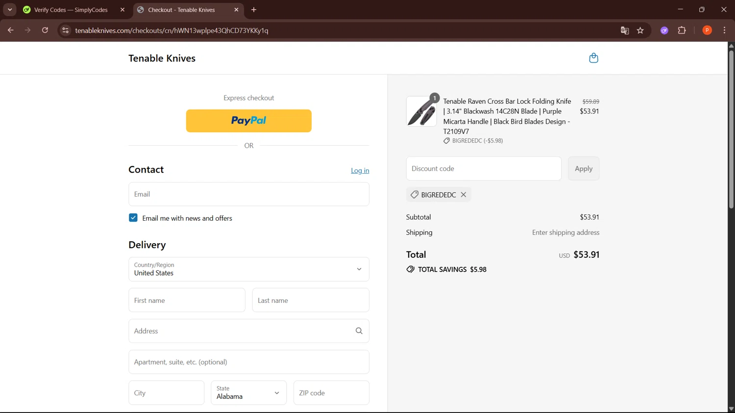 Tenable Knives discount code screenshot showing code BigRedEDC applied at Tenable Knives checkout page. Uploaded by SimplyCodes community member LegendaryPro3698 on Jul 26, 2025