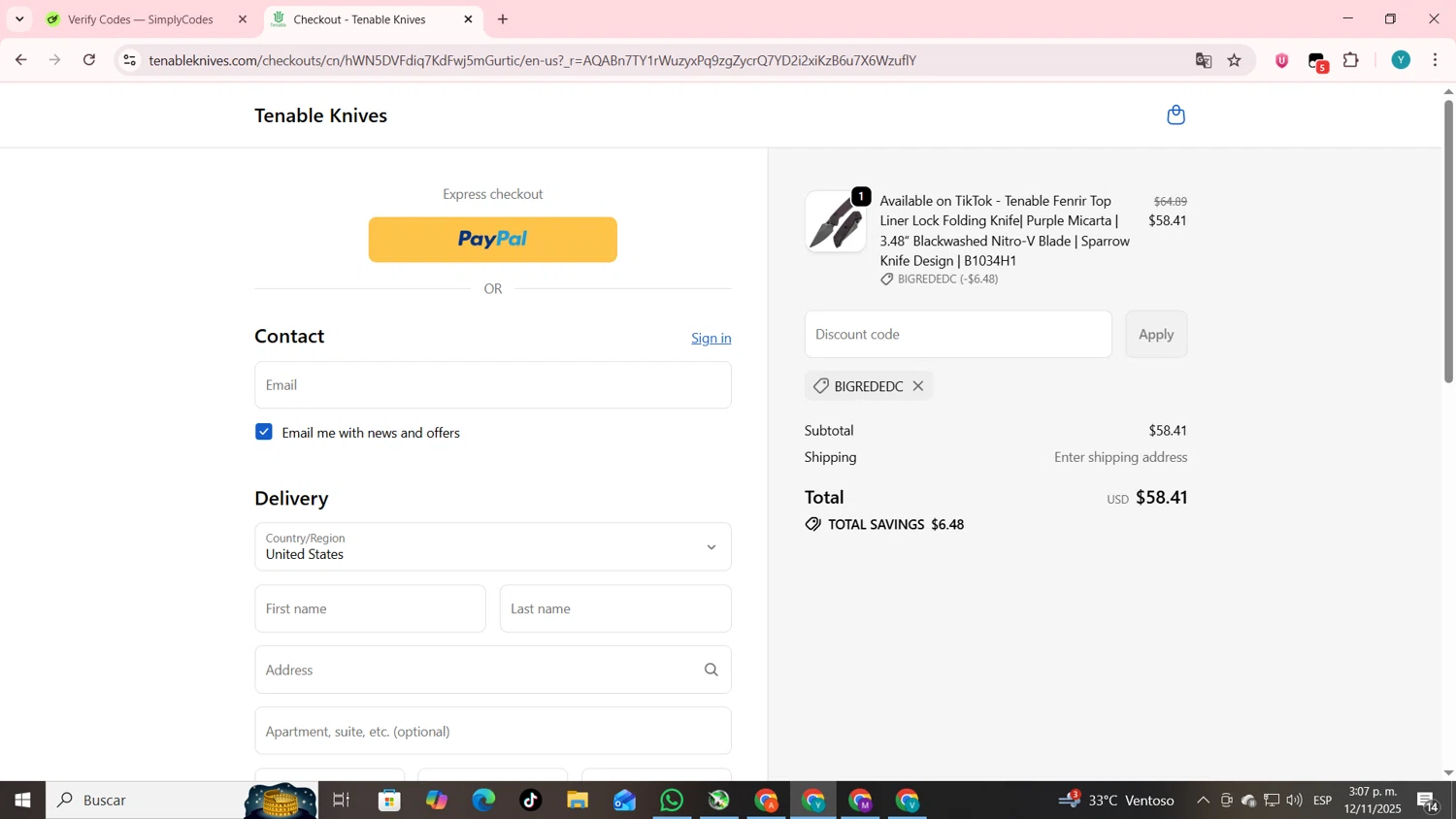 Tenable Knives discount code screenshot showing code BigRedEDC applied at Tenable Knives checkout page. Uploaded by SimplyCodes community member codygakpo on Nov 12, 2025